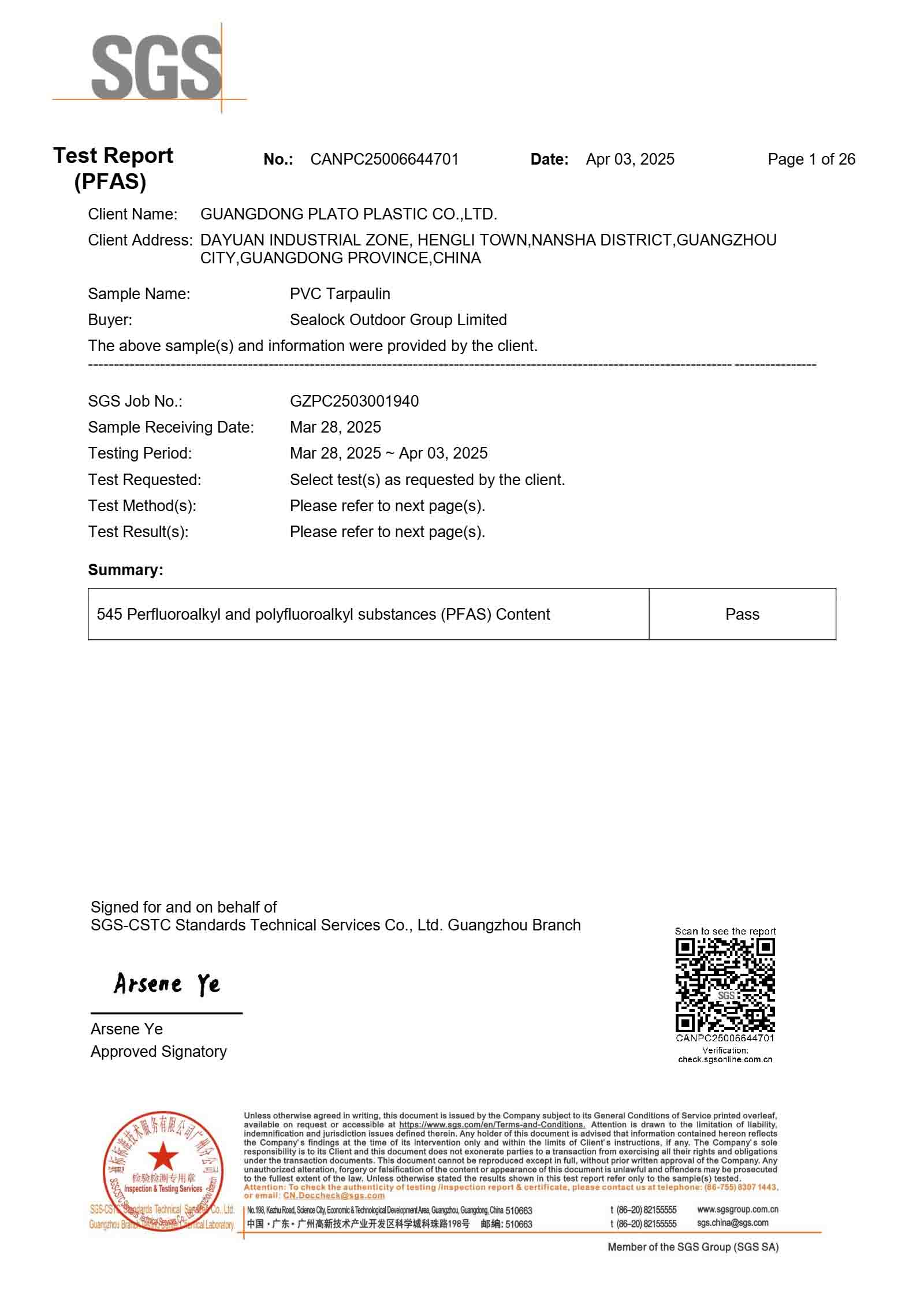 SGS PFAS-Free test report snapshot