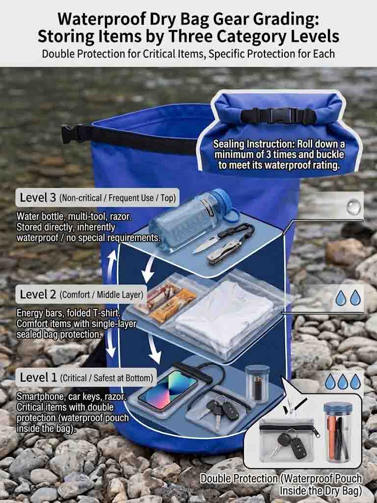 Kayaking gear sorted into three tiers by how much it must stay dry